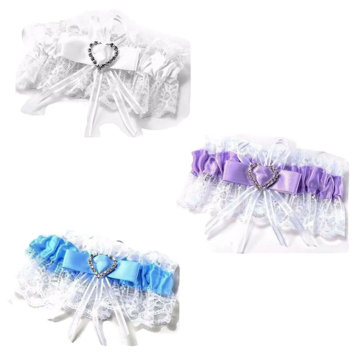 4 x Bridal Garter Wedding Lace Satin Crystal Heart Leg Band Diamante