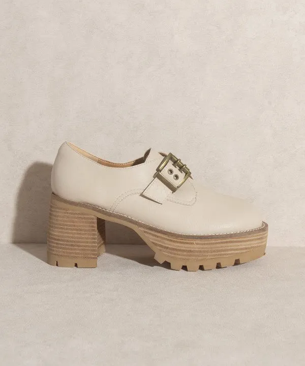 Beige Buckled Platform Loafers