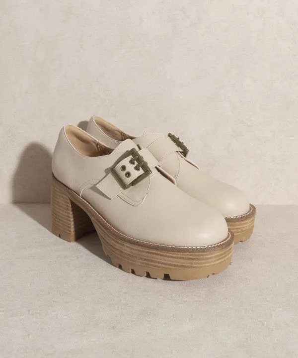 Beige Buckled Platform Loafers