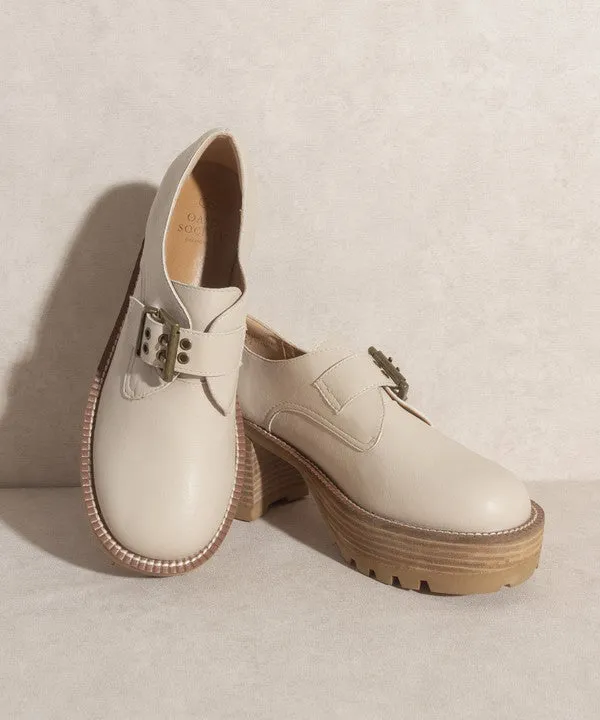 Beige Buckled Platform Loafers