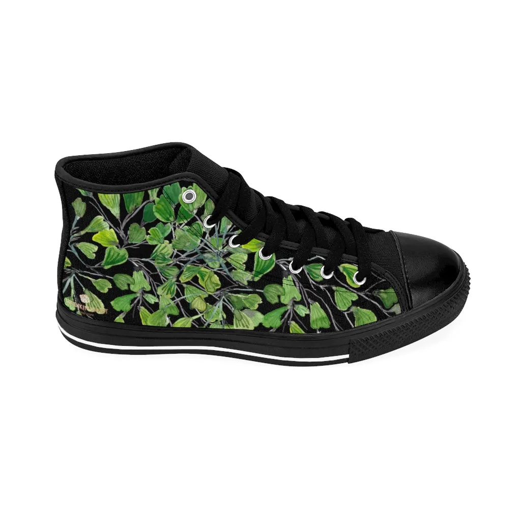 Black Fern Men's High-top Sneakers, Green Maidenhair Leaf Designer Tennis Running Shoes