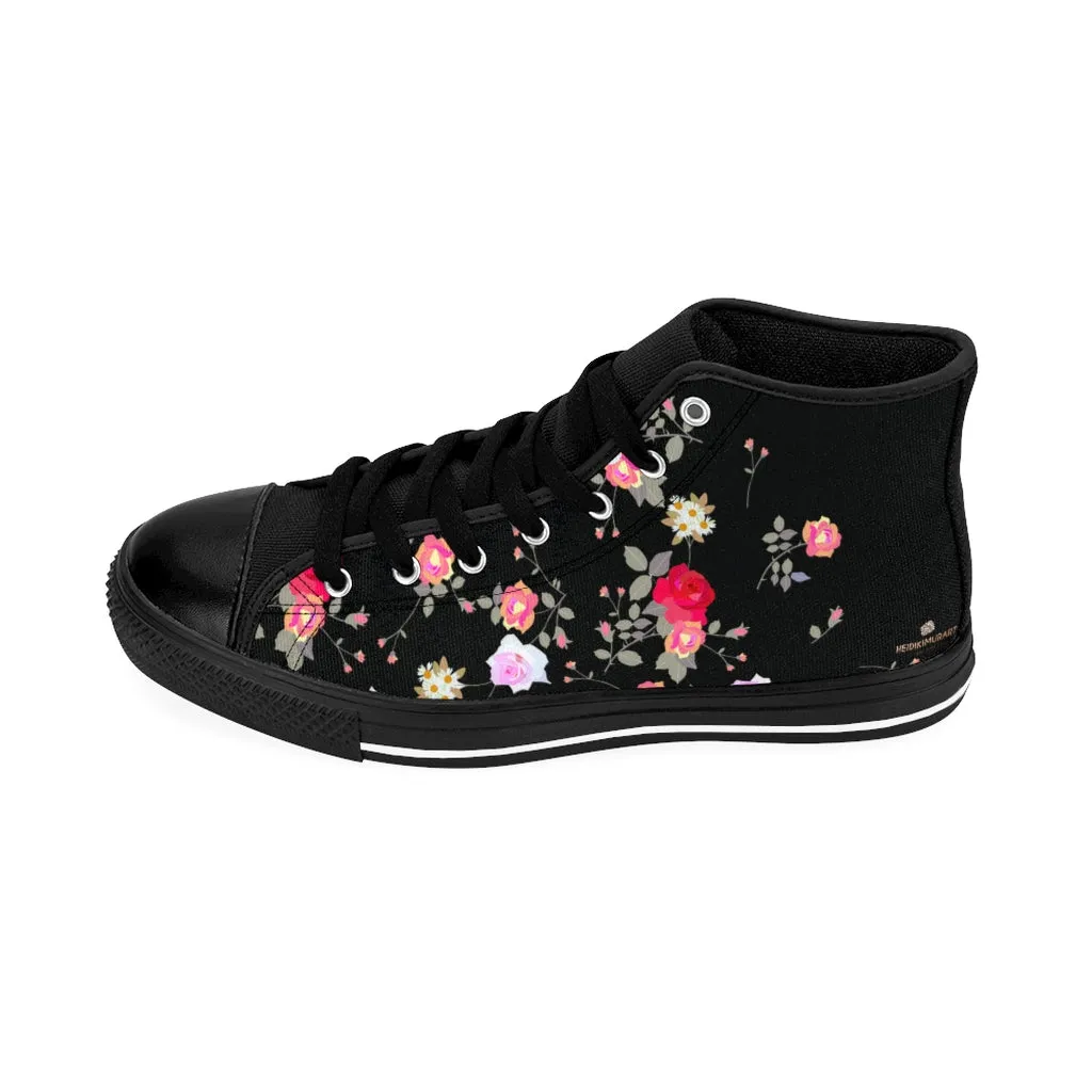 Black Floral Women's Sneakers, Rose Flower Print Designer High-top Fashion Tennis Shoes