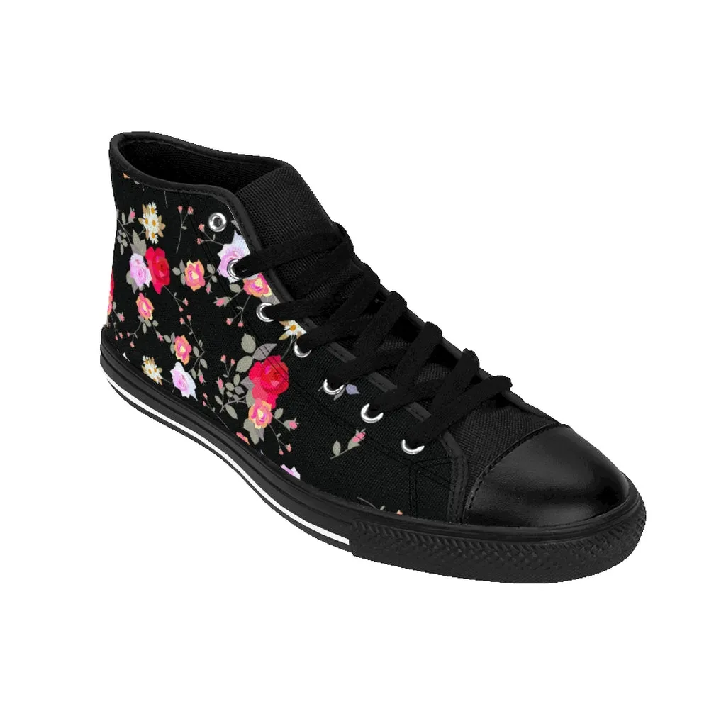 Black Floral Women's Sneakers, Rose Flower Print Designer High-top Fashion Tennis Shoes