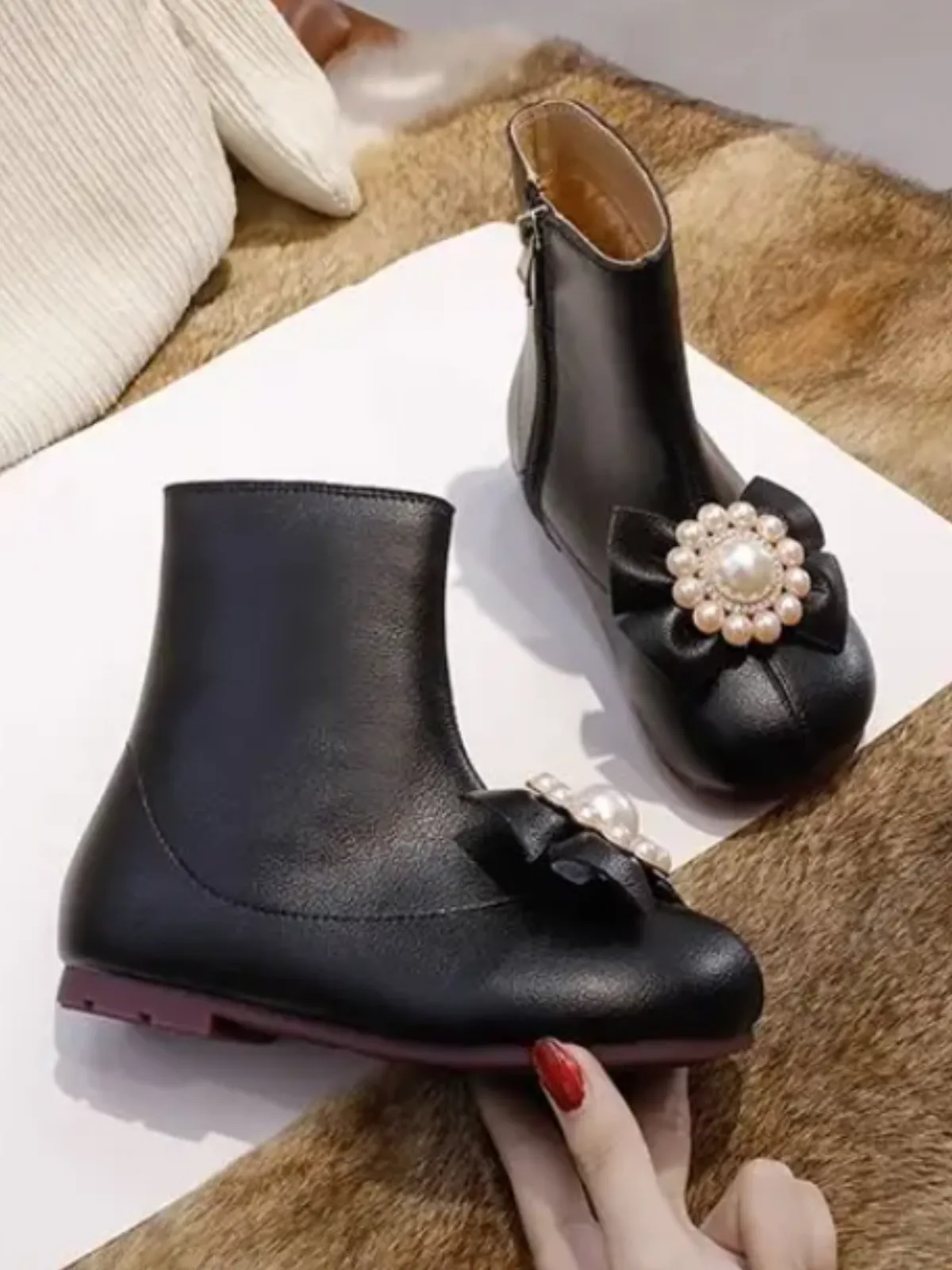 Catwalk Elegance Pearl Bow Ankle Boots By Liv and Mia