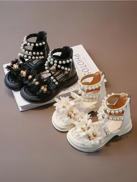 Charming Girls' Pearl-Embellished Floral Sandals By Liv and Mia