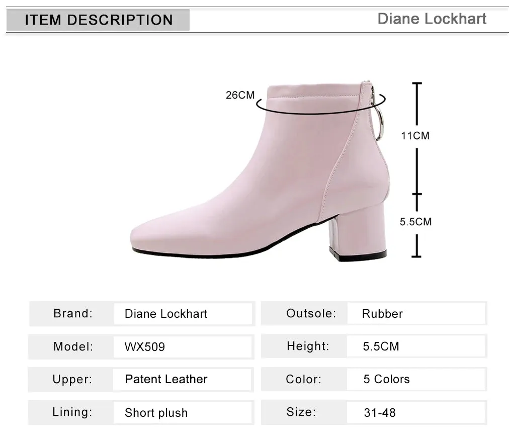 DIANE LOCKHART Back Zip Soft Patent Leather Chunky Heel Ankle Boots