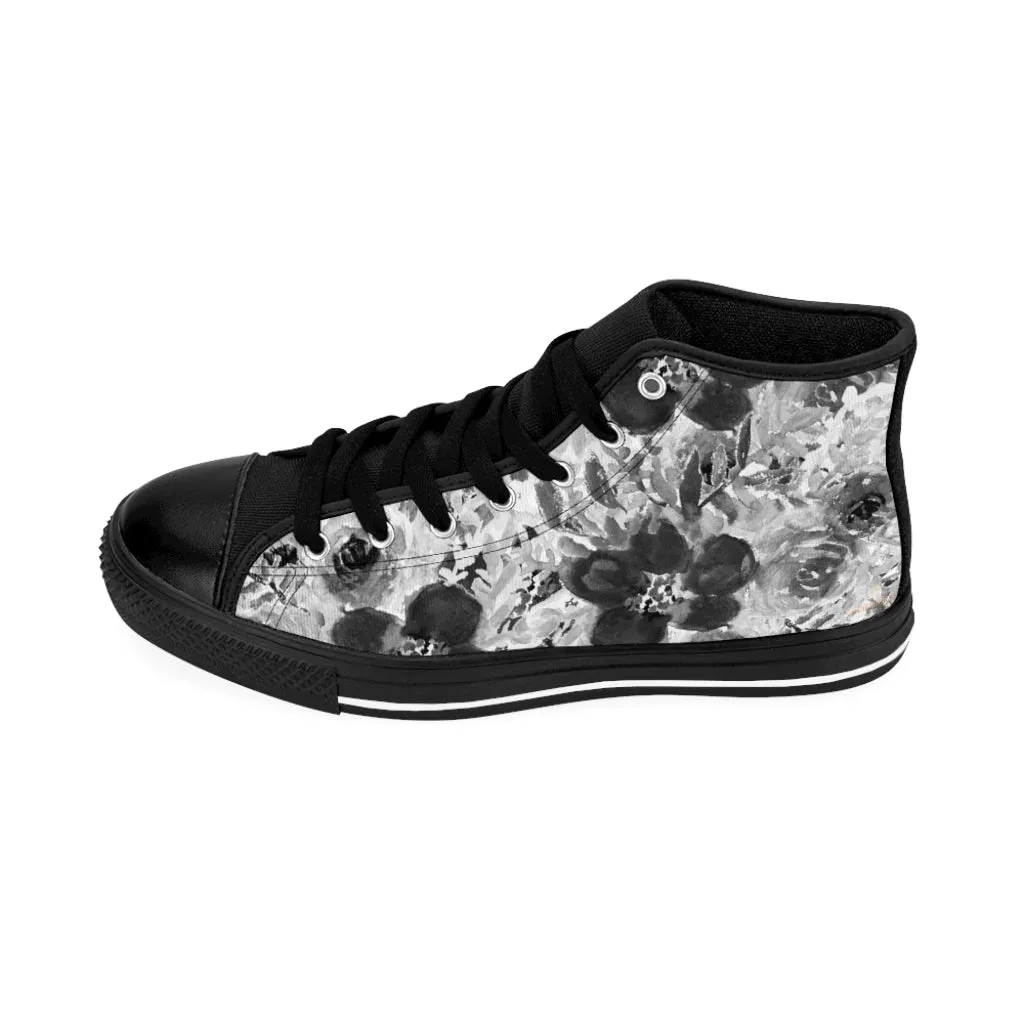 Grey Floral Women's Sneakers, Flower Print Designer High-top Sneakers Tennis Shoes (US Size: 6-12)