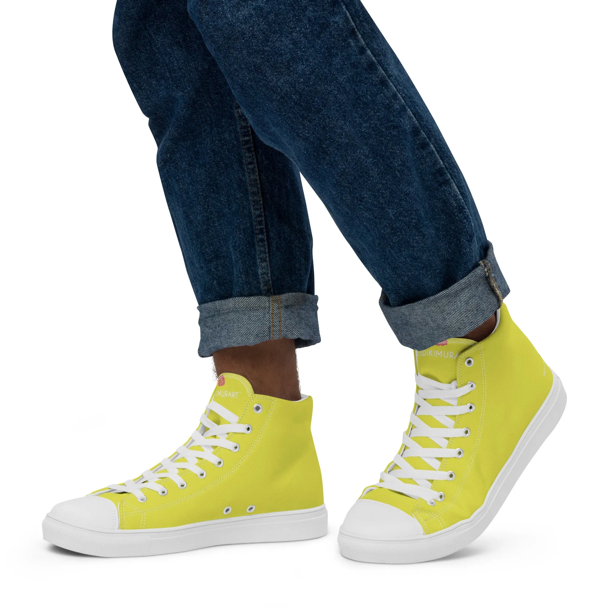 Lemon Yellow Men's High Tops, Solid Bright Yellow Color Men’s High Top Canvas Sneaker Shoes (US Size: 5-13)