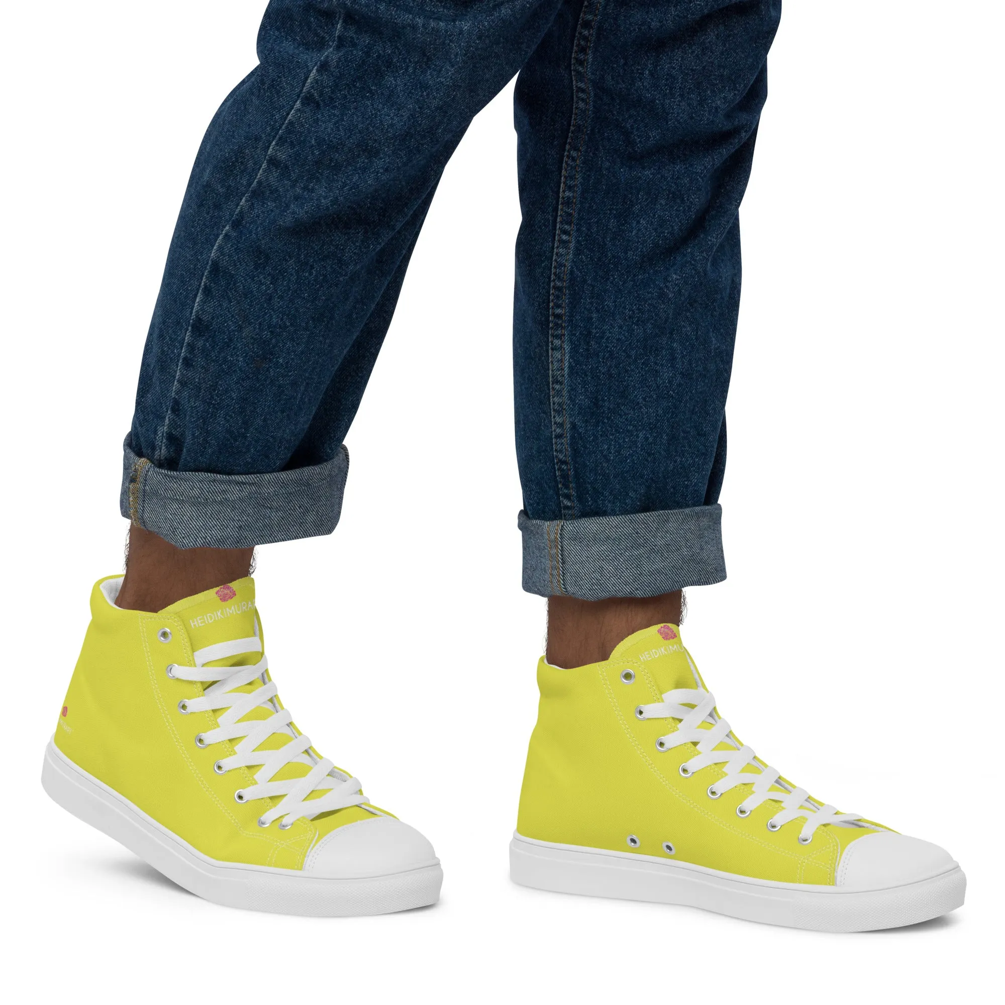 Lemon Yellow Men's High Tops, Solid Bright Yellow Color Men’s High Top Canvas Sneaker Shoes (US Size: 5-13)