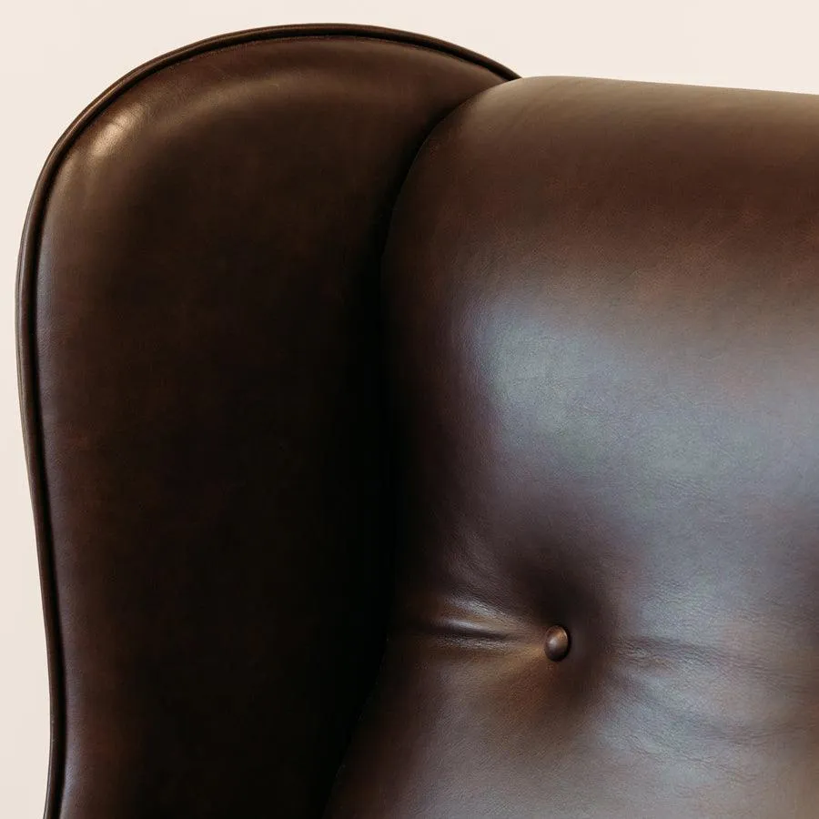 Lily winged leather armchair in settler serge