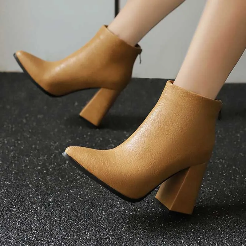 Pointed Toe Back Zipper Ankle Chunky Heels Booties