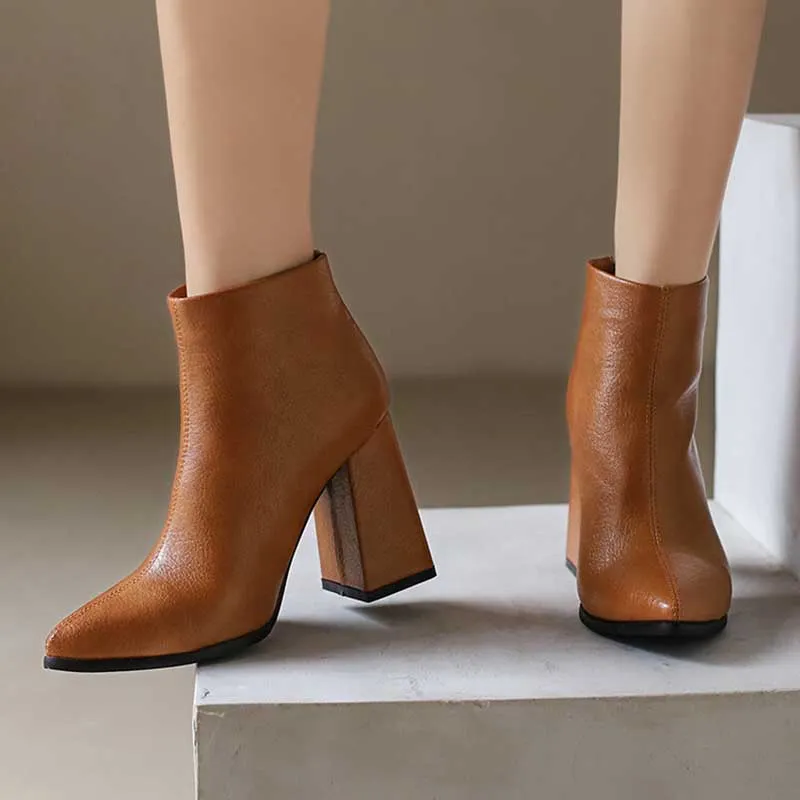 Pointed Toe Back Zipper Ankle Chunky Heels Booties