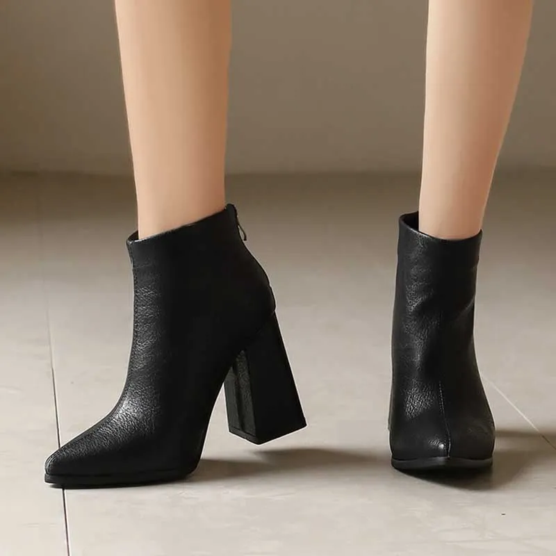 Pointed Toe Back Zipper Ankle Chunky Heels Booties