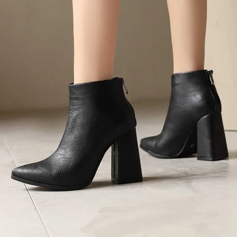 Pointed Toe Back Zipper Ankle Chunky Heels Booties