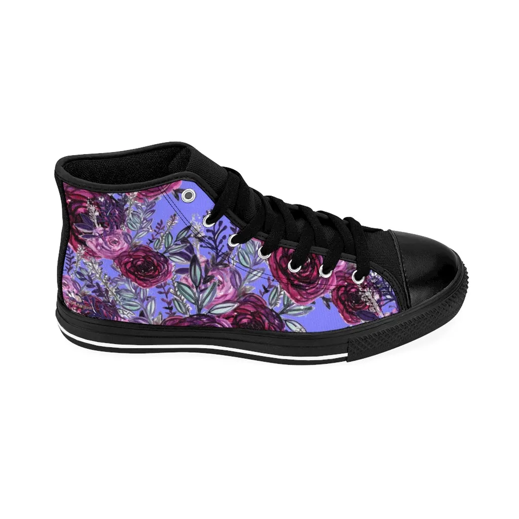 Purple Rose Women's Sneakers, Floral Print Designer High-top Fashion Tennis Canvas Shoes