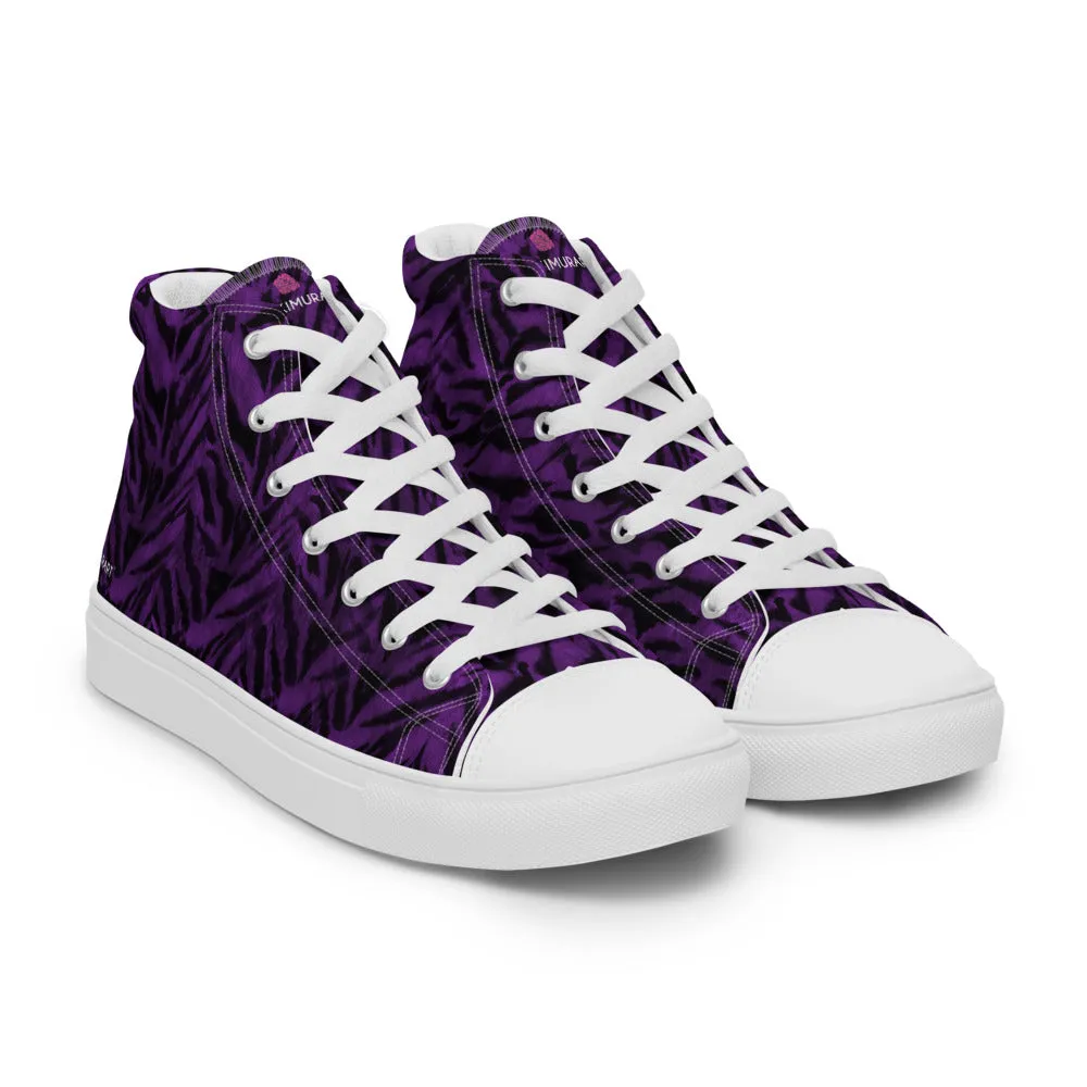 Purple Tiger Striped Men's Sneakers, Tiger Faux Skin Striped Animal Print Designer High Tops For Men