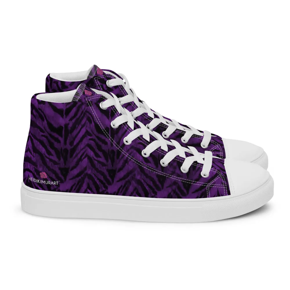 Purple Tiger Striped Men's Sneakers, Tiger Faux Skin Striped Animal Print Designer High Tops For Men