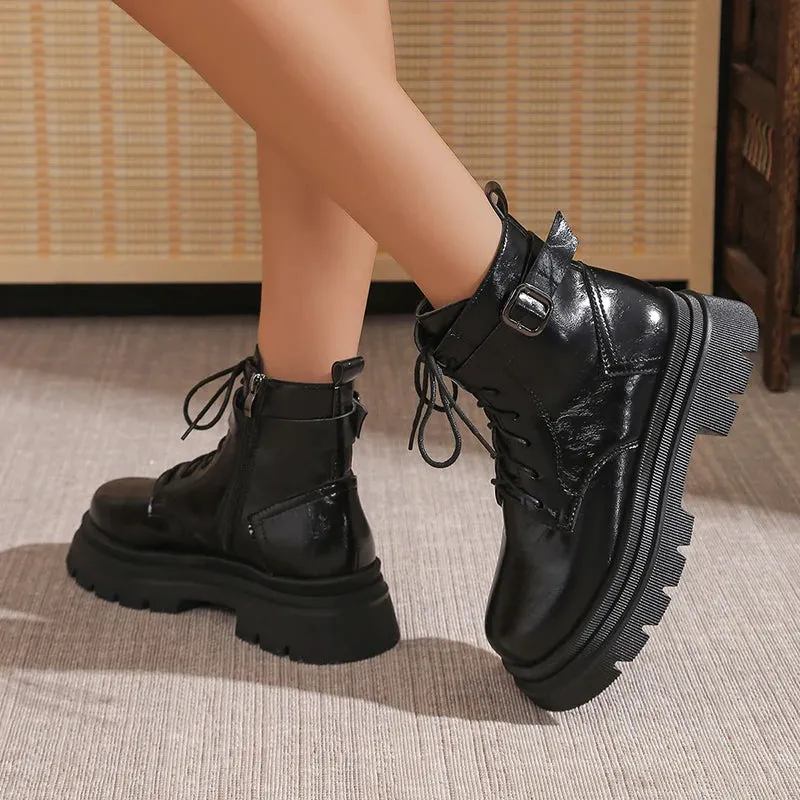 Sohiwoo Black Pu Leather Platform Ankle Boots Women Fashion Buckle Thick Bottom Combat Boots Woman Punk Lace Up Motorcycle Shoes Mujer