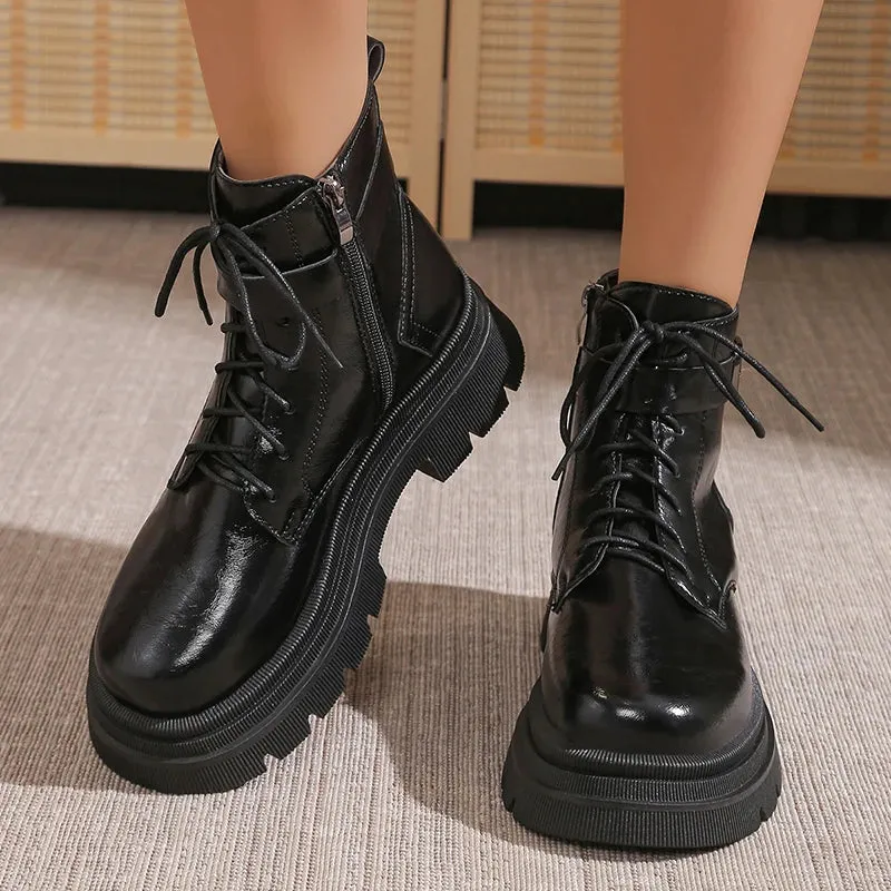 Sohiwoo Black Pu Leather Platform Ankle Boots Women Fashion Buckle Thick Bottom Combat Boots Woman Punk Lace Up Motorcycle Shoes Mujer