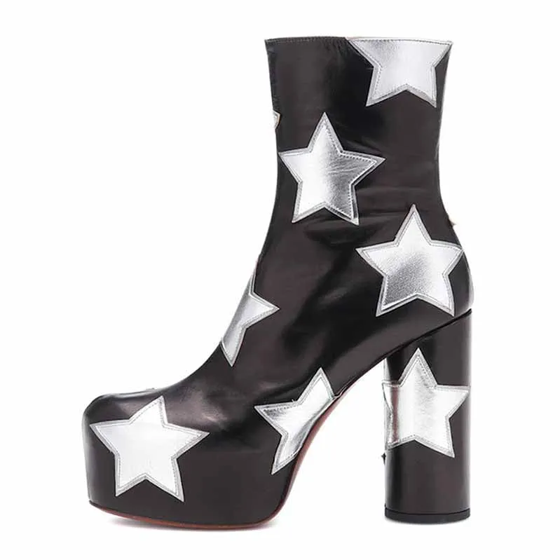 Star Sequin Embroidery Embellished Leather Ankle Boots