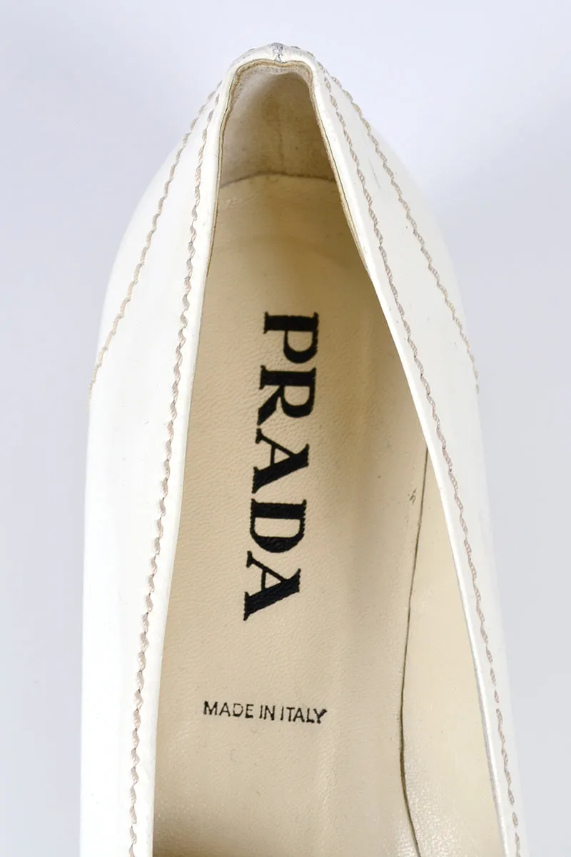 Vintage Prada Shoes W/ Square Toes & Block Heels in Ivory Patent Leather