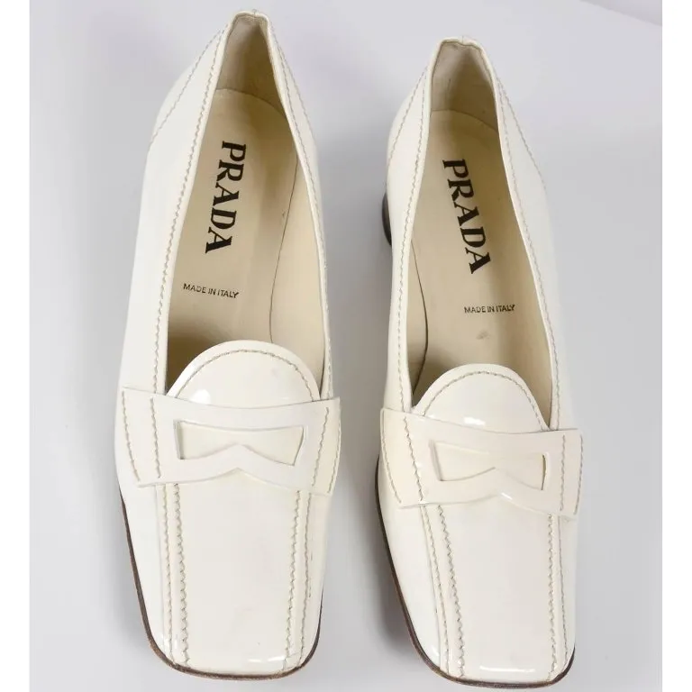 Vintage Prada Shoes W/ Square Toes & Block Heels in Ivory Patent Leather