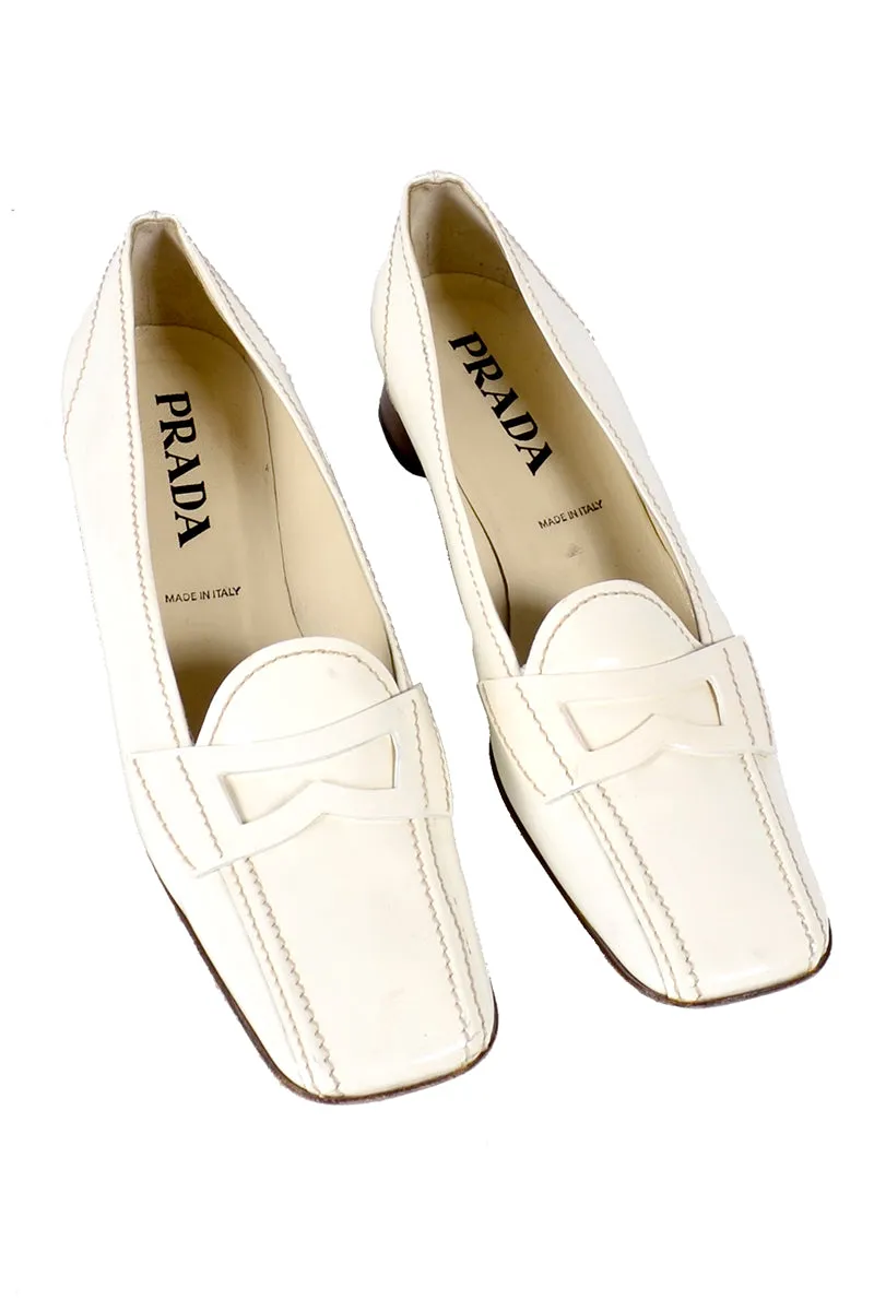 Vintage Prada Shoes W/ Square Toes & Block Heels in Ivory Patent Leather