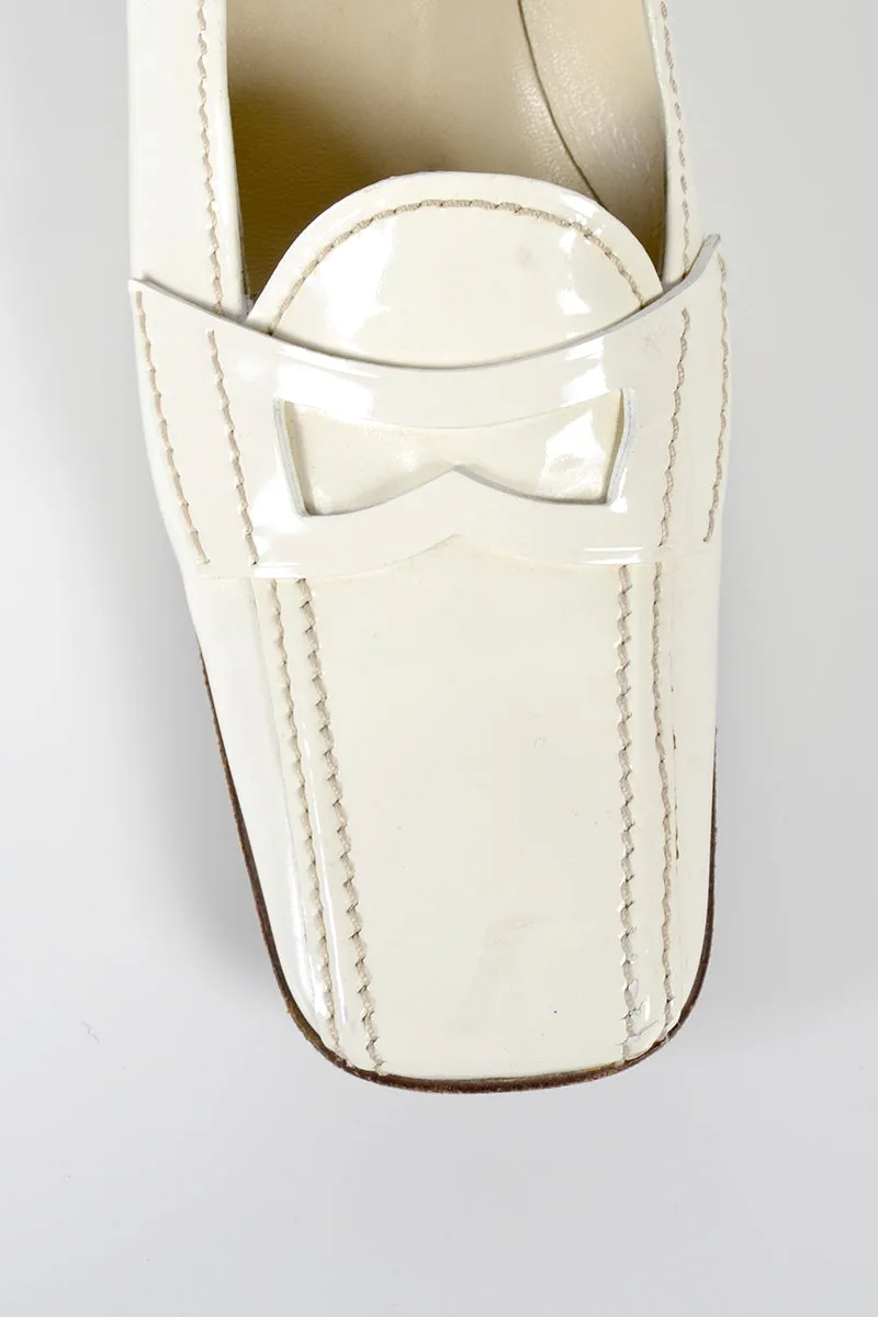 Vintage Prada Shoes W/ Square Toes & Block Heels in Ivory Patent Leather