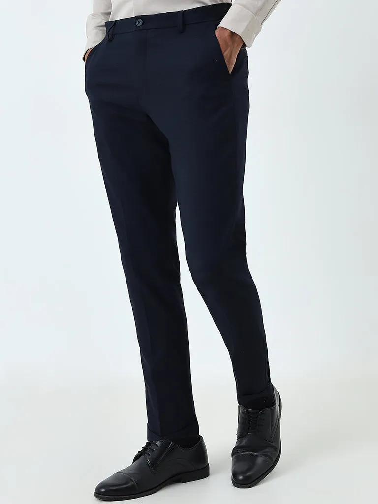 WES Formals Navy Ultra Slim-Fit Mid-Rise Trousers