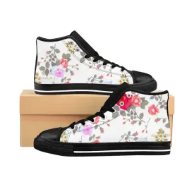 White Rose Women's Sneakers, Mixed Floral Print Designer High-top Fashion Running Shoes