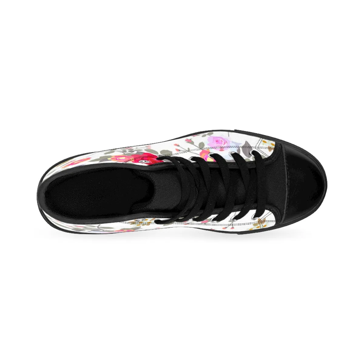 White Rose Women's Sneakers, Mixed Floral Print Designer High-top Fashion Running Shoes