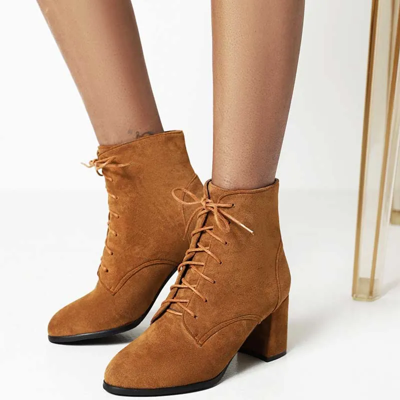 Women Lace-up Chunky High Heel Boots Vintage Ankle Booties Suede Shoes