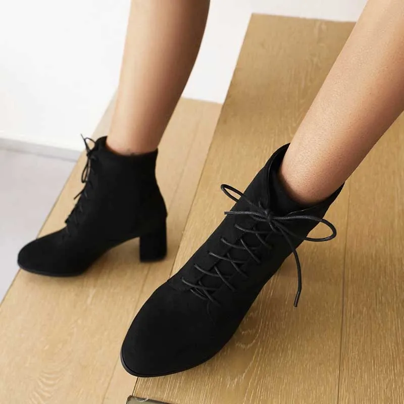 Women Lace-up Chunky High Heel Boots Vintage Ankle Booties Suede Shoes