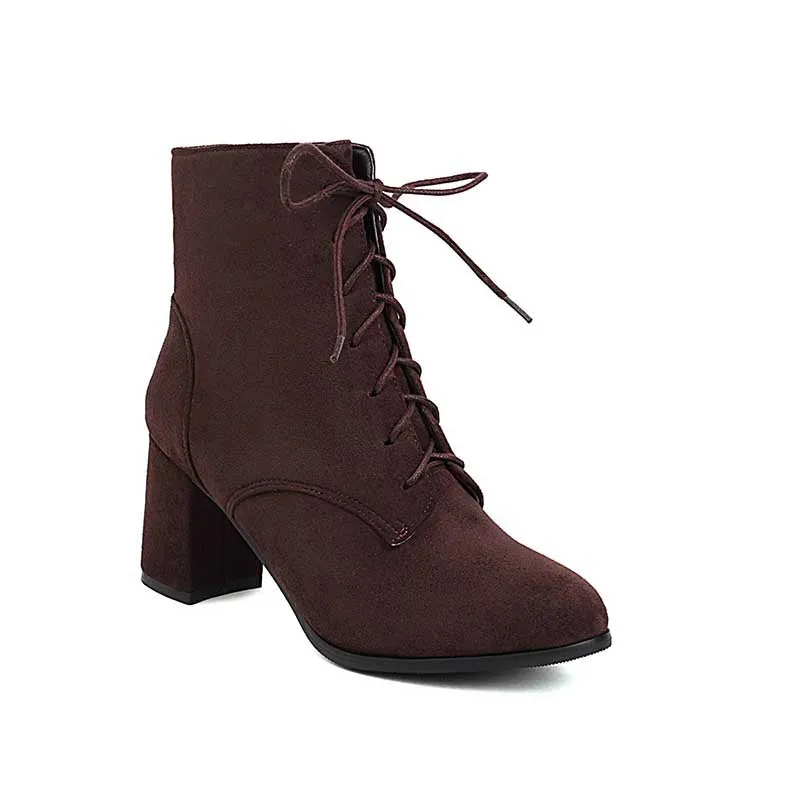 Women Lace-up Chunky High Heel Boots Vintage Ankle Booties Suede Shoes