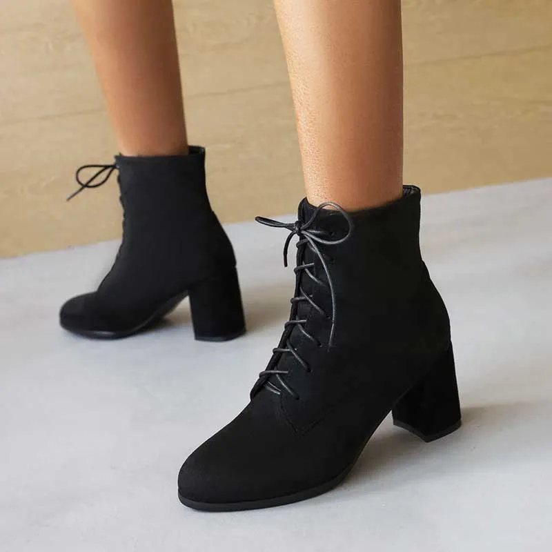 Women Lace-up Chunky High Heel Boots Vintage Ankle Booties Suede Shoes